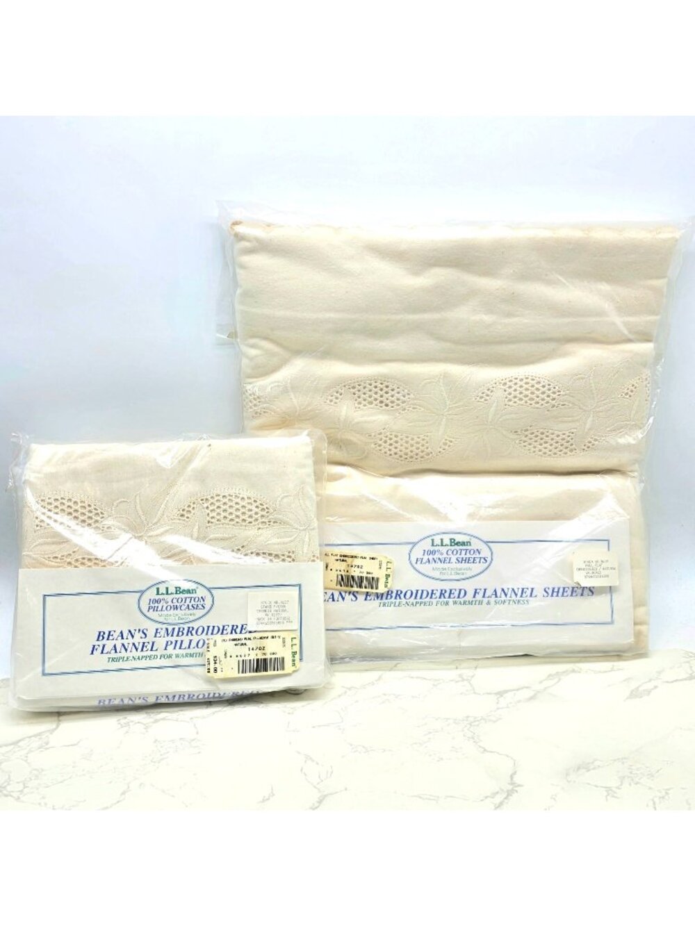 LL Bean Vintage Embroidered Flannel Full Sheet Pillowcases Natural NEW Old Stock